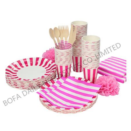 Pink strip tableware set paper...